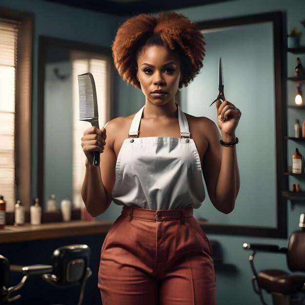 Photo barbier femme noire vue avant ciseaux et peigne à la main