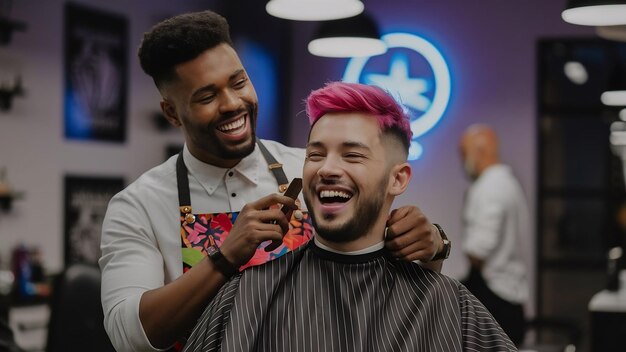 Photo un barbier heureux et un client qui s'amusent.