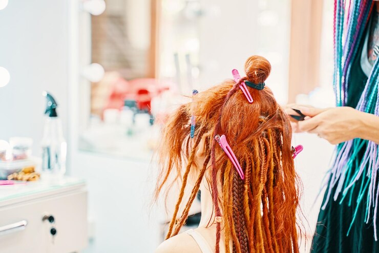 Photo le barbier tresse les dreadlocks le coiffeur tisse des tresses avec du kanekalon rouge une belle fille rousse