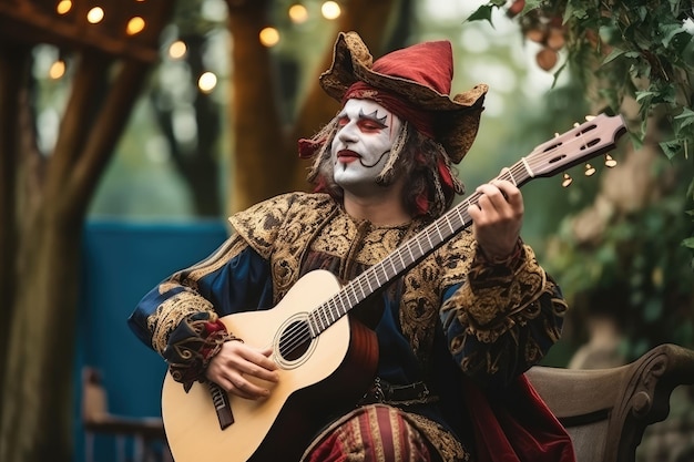 Bard joue sa chanson de luth Minstrel Musique de troubadour Chanteur médiéval Cosplayer habillé en bouffon jouant de l'Oud Generative AI Illustration