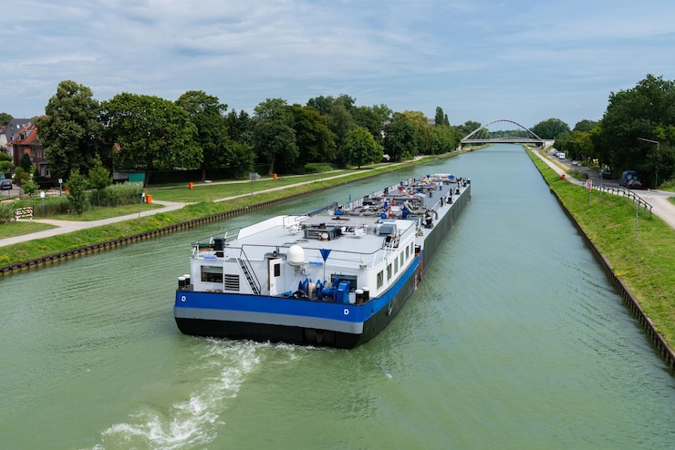 Photo une barge se déplace doucement à travers un canal tranquille.