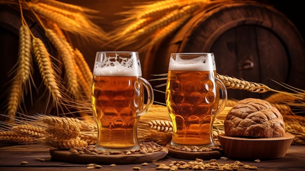 Baril de bière Oktoberfest et verres à bière avec du blé ai générative