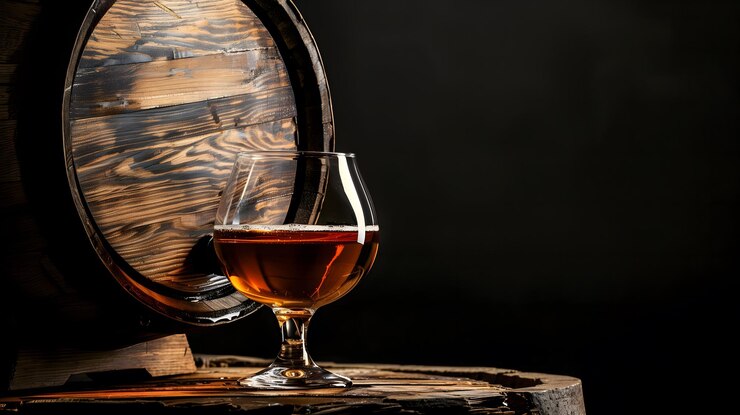 Photo un baril de bois avec un verre de brandy