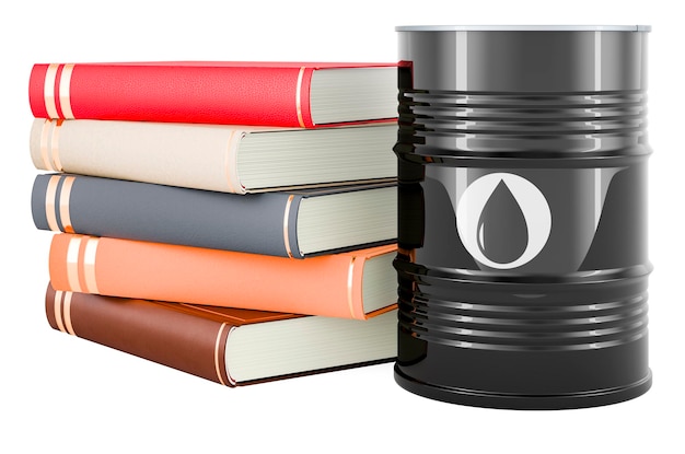 Baril de pétrole avec rendu 3D de livres