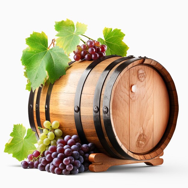Photo baril de vin de chêne avec des raisins et bouteille de vin de raisins verts