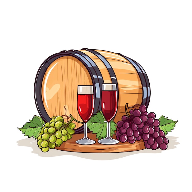un baril de vin avec des verres à vin et des raisins