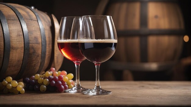 Une barille de bière et de vin avec du vin de verre