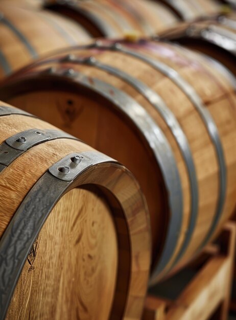 Photo des barils de bois empilés dans une cave à vin