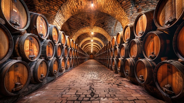 Des barils de cave à vin anciens bordent les murs de pierre, un témoignage du riche patrimoine viticole de l'Italie.