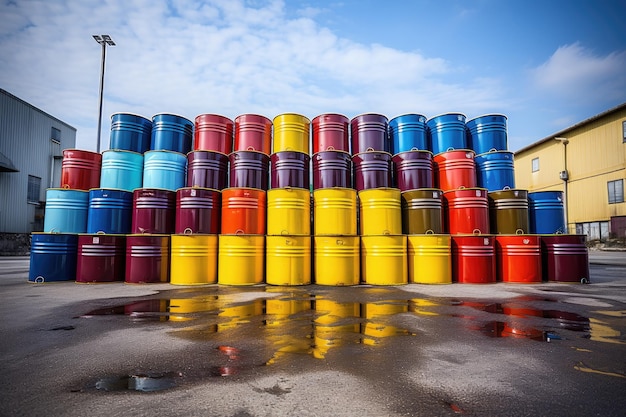 Photo des barils de pétrole colorés sur le fond du ciel bleu