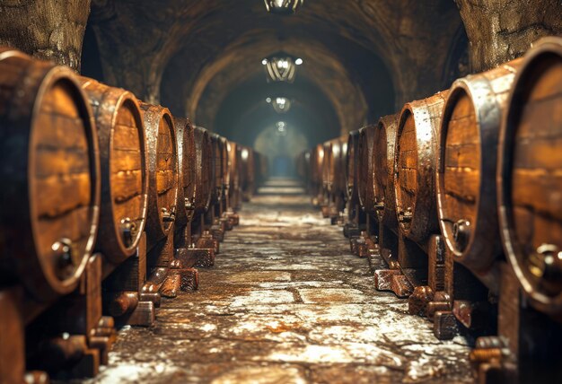 Des barils de vin empilés dans l'ancienne cave de la cave