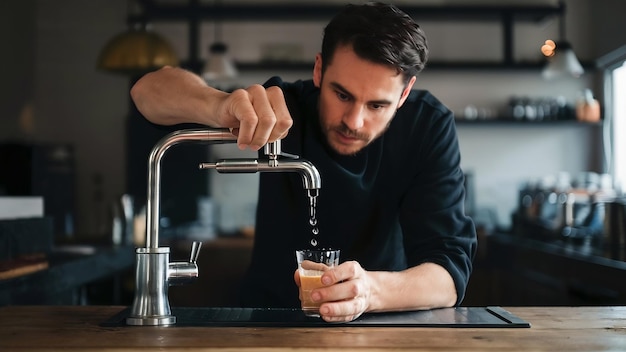 Un barista brutal en sweatshot noir derrière une épaisse table en bois rince un petit verre transparent avec de l'eau