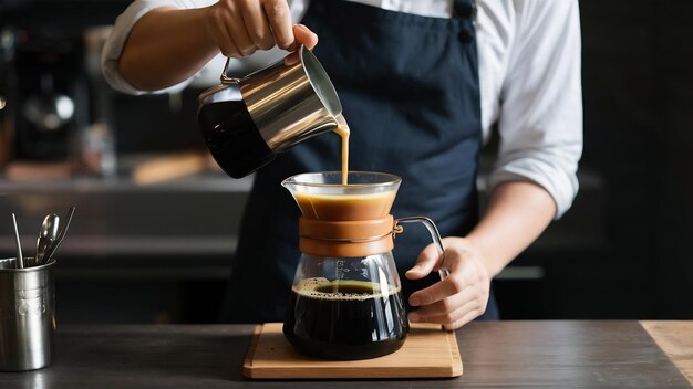 Photo un barista de café moulu noir prépare un café dans une cruche en verre.