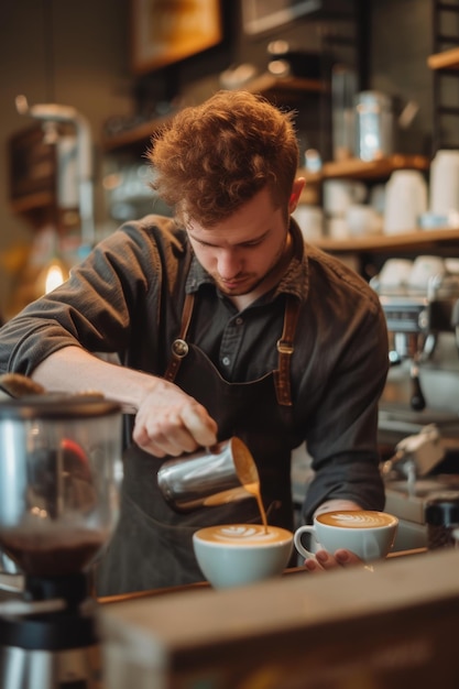 Un barista concentré avec des tatouages versant du lait cuit à la vapeur dans une tasse de café pour créer des motifs de mousse artistiques