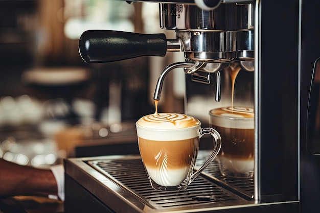 Barista crée de l'art latte à l'aide d'une machine à expresso dans un café aux couleurs vintage