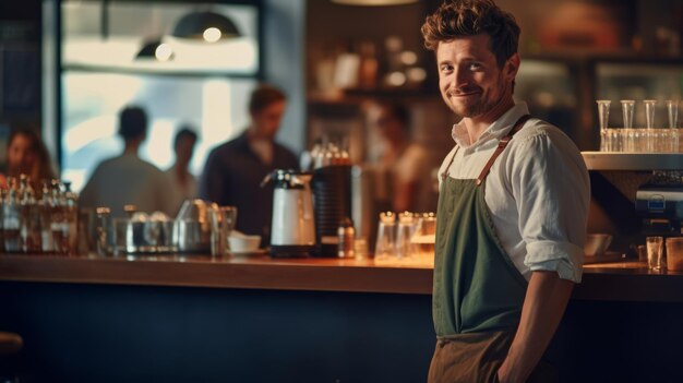 Barista debout derrière le bar attendant les clients Belle image d'illustration IA générative