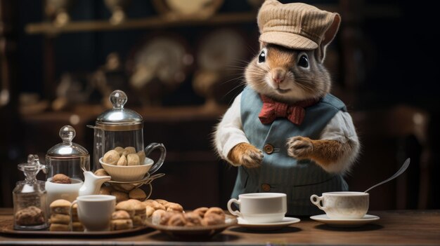 Photo un barista écureuil servant un tablier de café orné de noix
