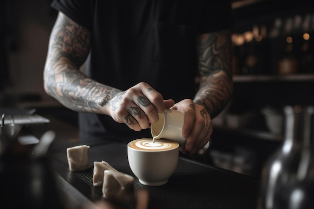 Barista fait de l'art de latte de tasse de café dans un café confortable ai génératif