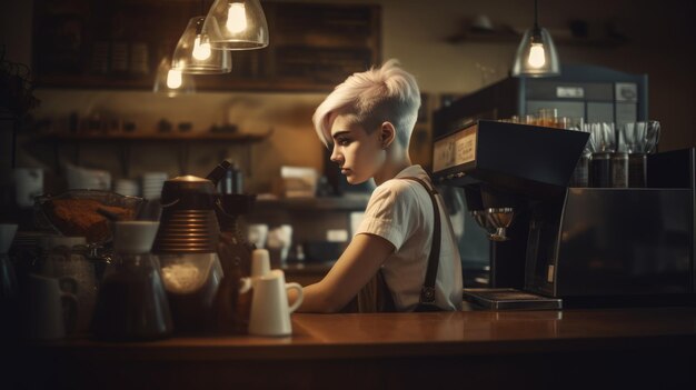 Barista Female Caucasian Young Adult Making Coffee derrière le comptoir dans un café AI générative AIG22