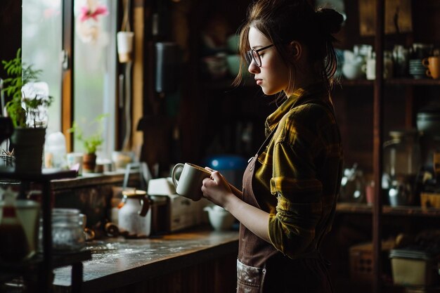 Photo barista féminine dans un café tenant une tasse de café