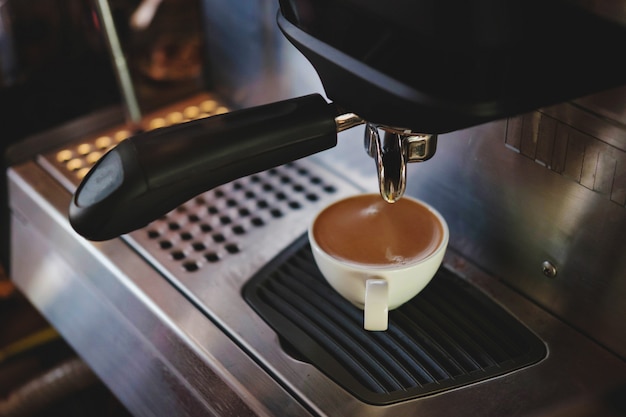 Barista se prépare à faire du café avec une machine à café.