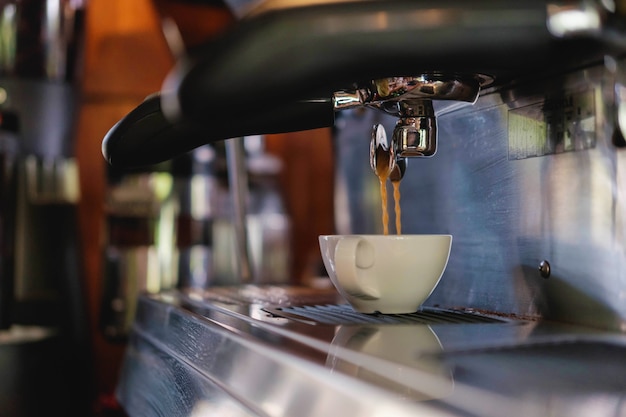 Barista se prépare à faire du café avec une machine à café.