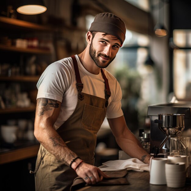 Barista souriant en tablier au café