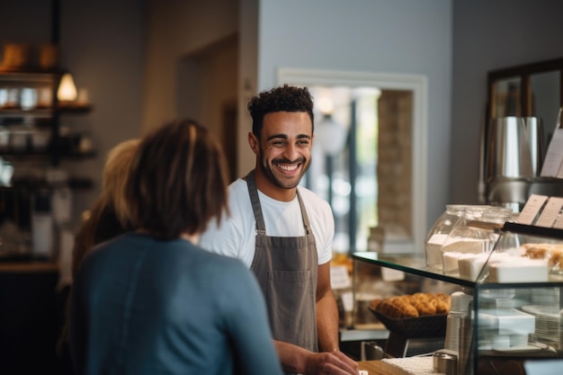 Barista souriant en tablier servant dans un café