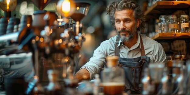 Barista avec un tablier préparant du café pour le client dans un petit concept d'entreprise de café