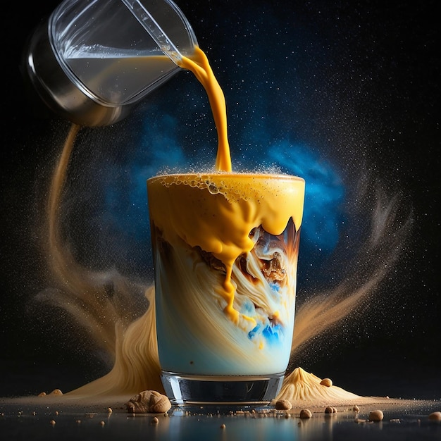 Barista verse du lait dans un verre de café, qui est placé sur un univers spatial noir, tandis que le