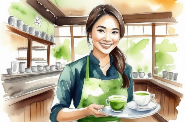 une bariste asiatique souriante avec une tasse de thé matcha vert japonais sur un plateau illustration à l'aquarelle