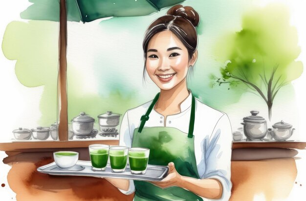 une bariste asiatique souriante avec une tasse de thé matcha vert japonais sur un plateau illustration à l'aquarelle