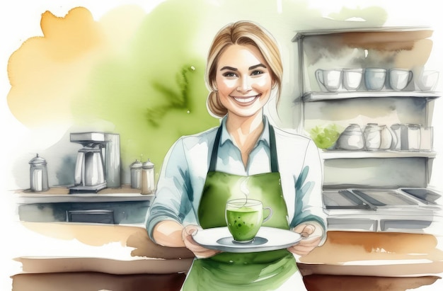 une bariste blanche souriante avec une tasse de thé matcha vert sur un plateau illustration à l'aquarelle