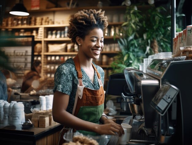 Photo bariste noire africaine travaillant dans le café à noël