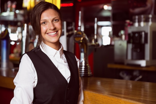 Barmaid heureux, souriant à la caméra