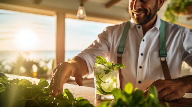 Le barman d'un bar de plage nautique garnit un mojito au coucher du soleil sur la toile de fond de l'océan