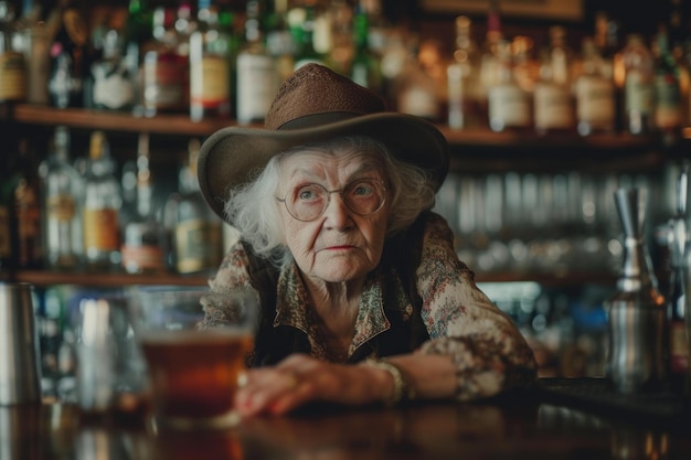 Barman expérimenté vieille femme bar générer Ai