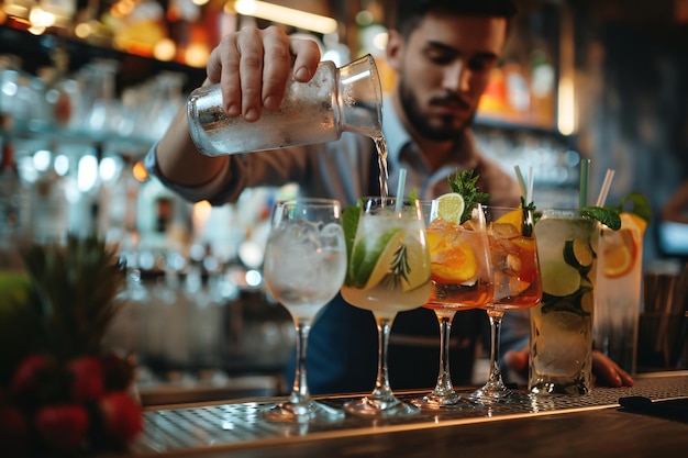 Un barman faisant plusieurs cocktails en ajoutant un mélange à l'un d'eux