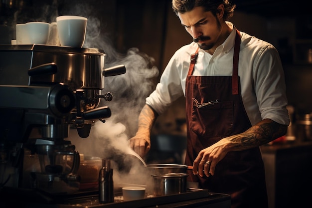 Le barman fait une tasse de café.