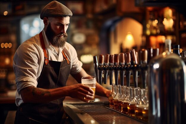 Photo un barman masculin versant de la bière du robinet dans une brasserie