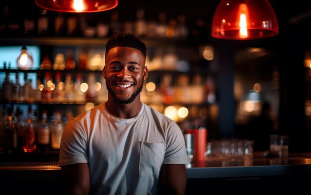 Le barman noir souriant se détend derrière le bar Préparation de boissons alcoolisées