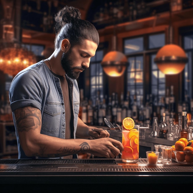 Photo barman préparant un cocktail dans un pub