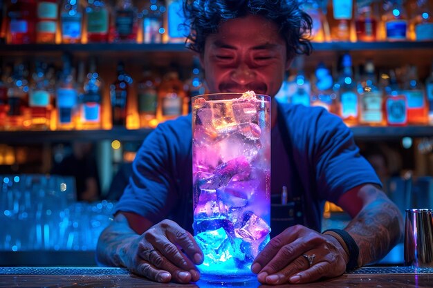 Un barman préparant un cocktail multicolore