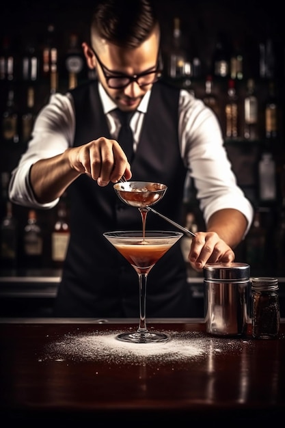 Un barman prépare un cocktail au bar