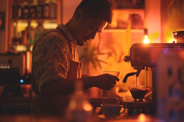 Photo un barman prépare du café pour les clients d'un café ou d'un restaurant