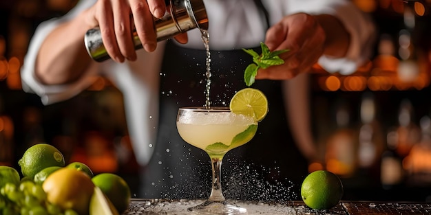 Un barman qualifié, concentré et précis, qui conçoit des cocktails parfaits, des concepts experts, de la fabrication de cocktails, des compétences de barman, de l'expertise de Gimlet, des techniques de précision.