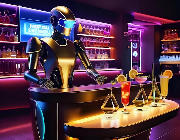 Un barman robotique servant des cocktails futuristes dans un bar à la mode