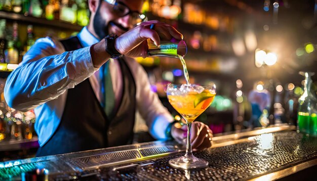 Barman versant un cocktail dans le verre debout sur leur lieu de travail au bar de la boîte de nuit