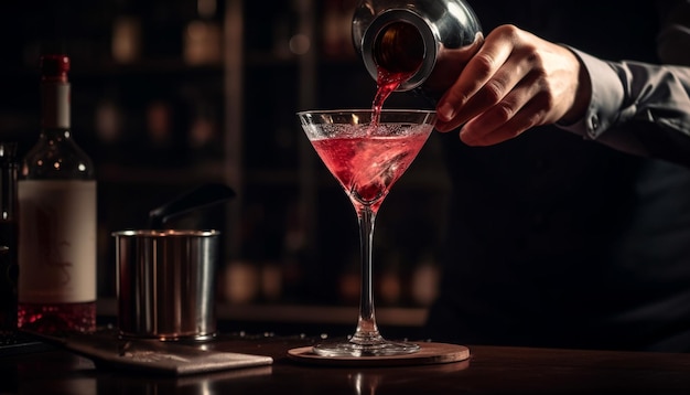 Un barman versant un cocktail dans un verre de martini sur un comptoir de bar élégant généré par l'IA