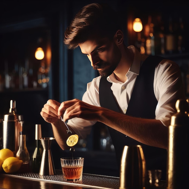 Le barman versant un cocktail.